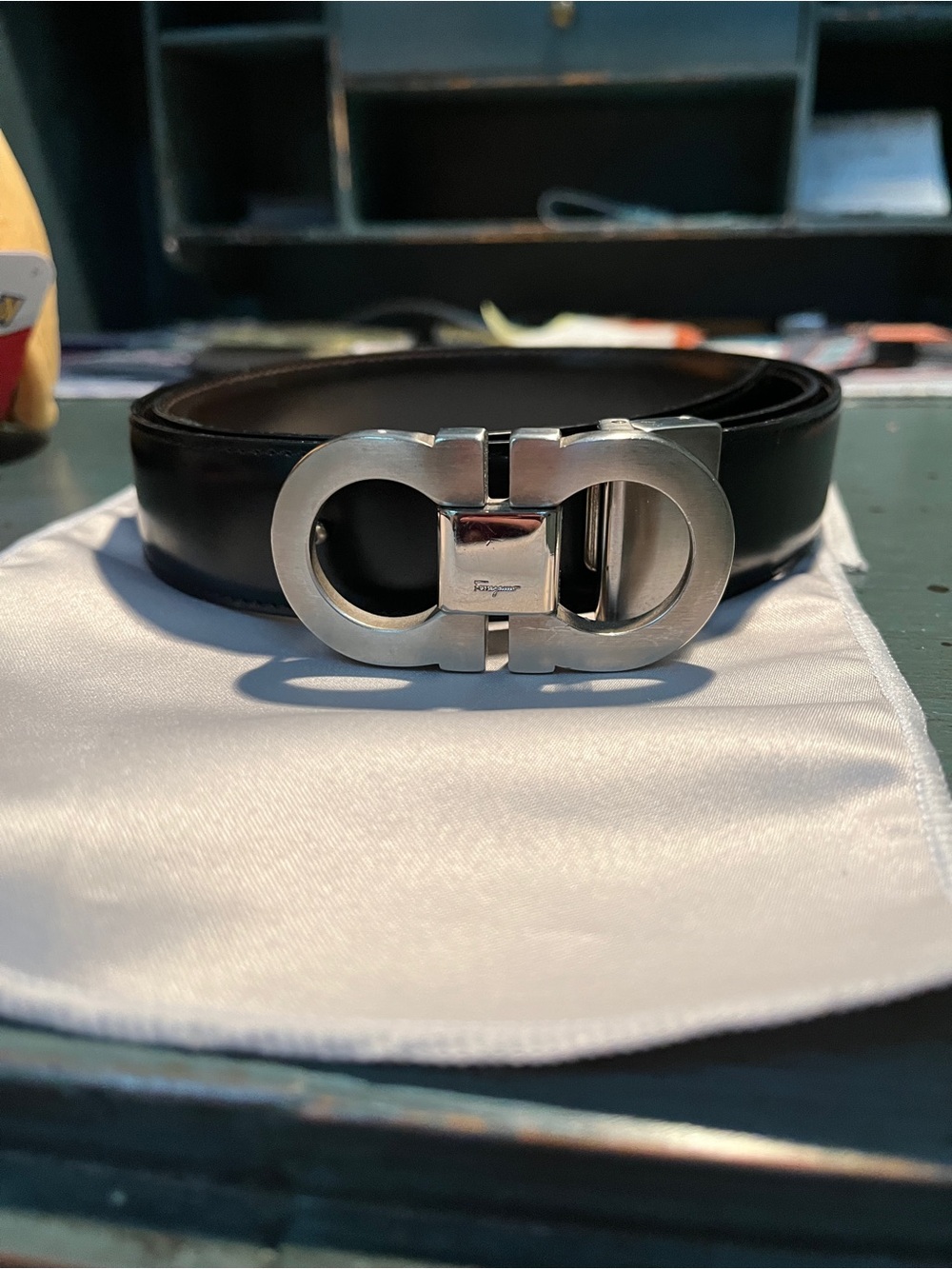 Salvatore Ferragamo Black Leather Belt with Silver Double Gancini Buckle